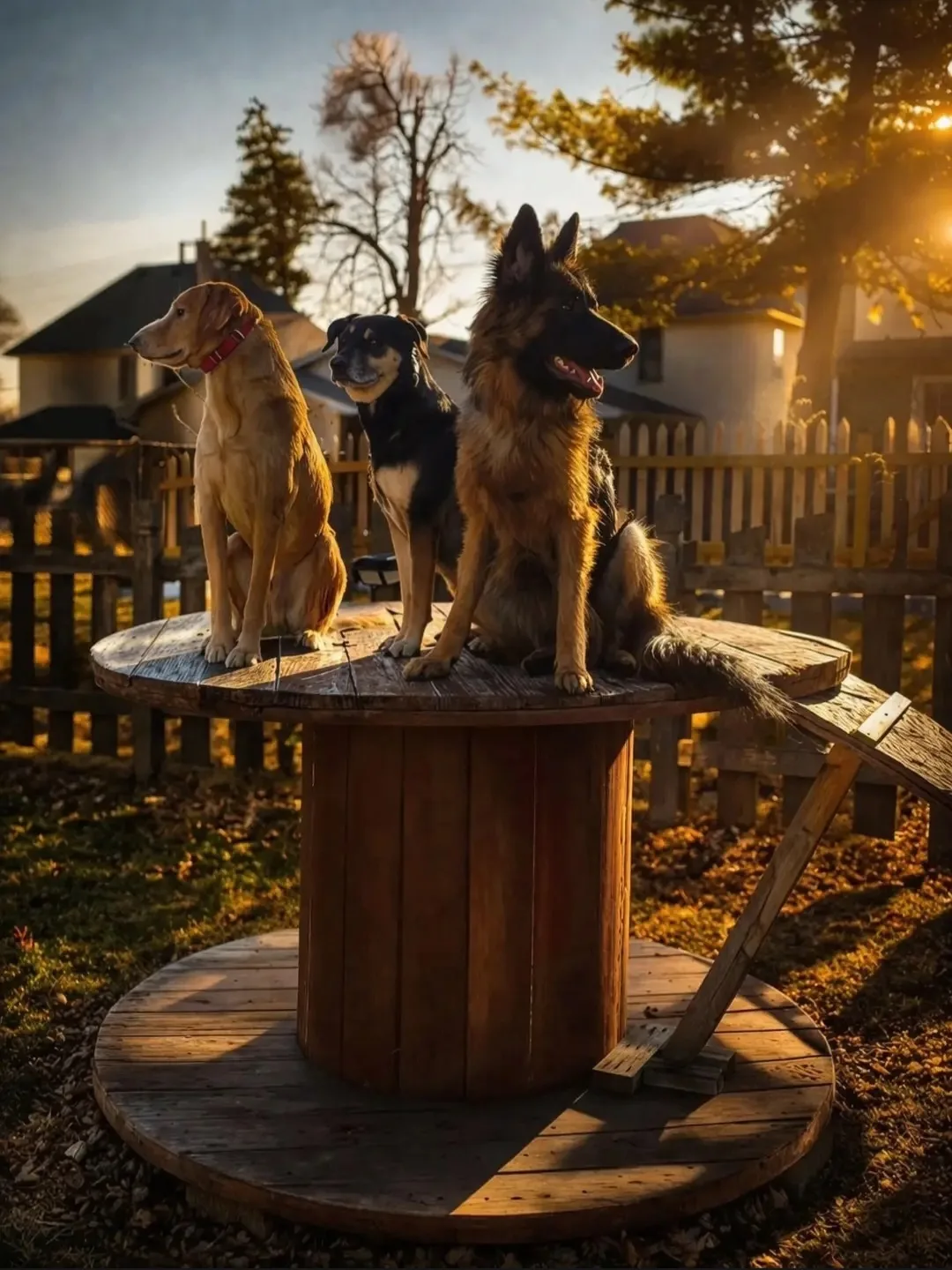 Three dogs holding a group place command at sunset during a board and train program